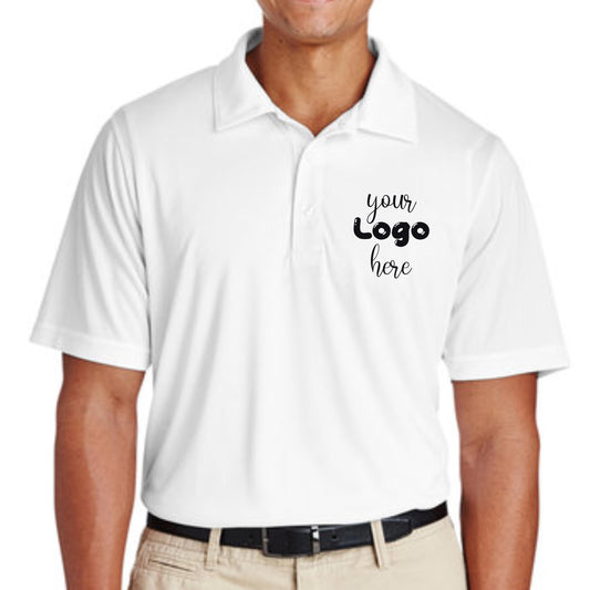White polo shirt with short sleeves, featuring placeholder text &#39;your logo here&#39; printed on the left chest area in black font