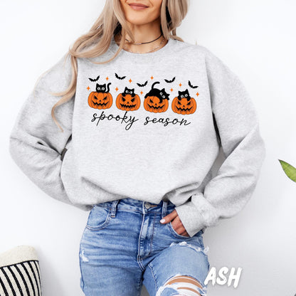 Spooky Season Sweatshirt Halloween Cat Pumpkin Fall Cozy Sand Crewneck Gift for Her Cute Halloween Shirt Autumn Pullover