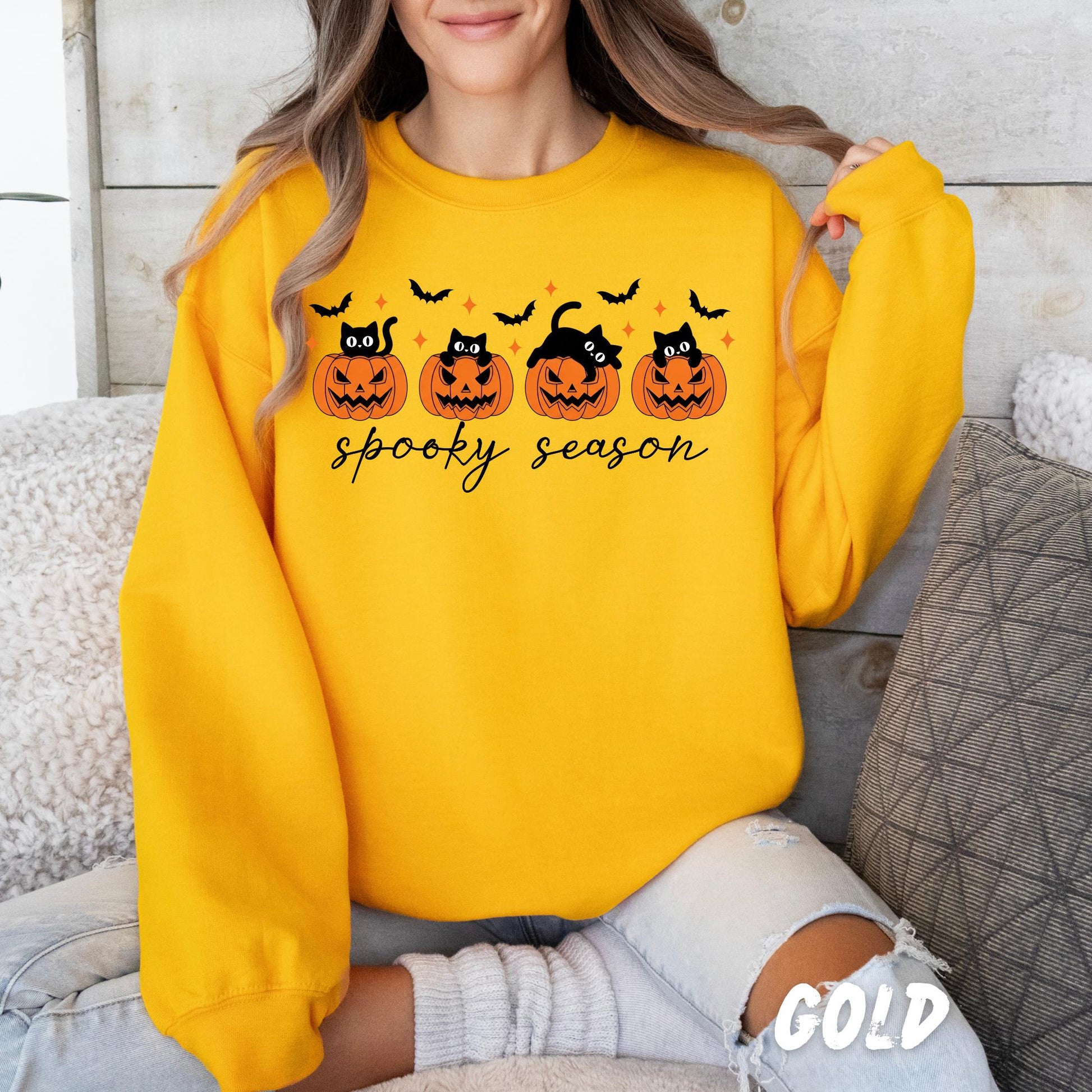 Spooky Season Sweatshirt Halloween Cat Pumpkin Fall Cozy Sand Crewneck Gift for Her Cute Halloween Shirt Autumn Pullover