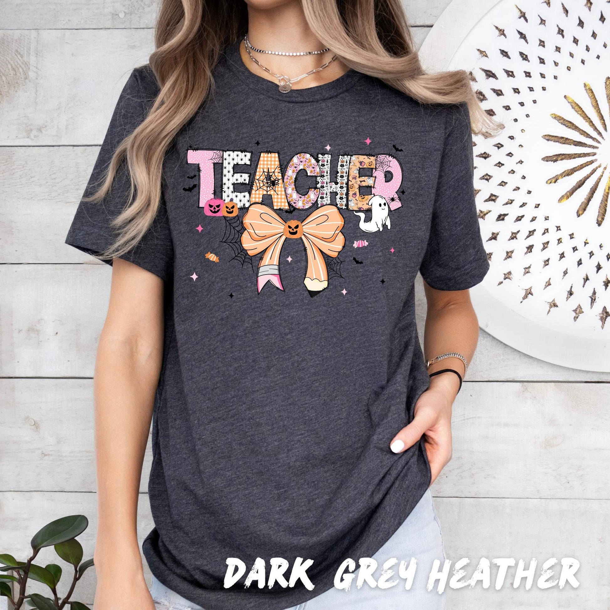 Halloween Teacher Shirt – Cute Teacher Graphic Tee with Pumpkin Bow & Ghosts | Fun Halloween Teacher Outfit | Spooky Teacher Gift Shirt