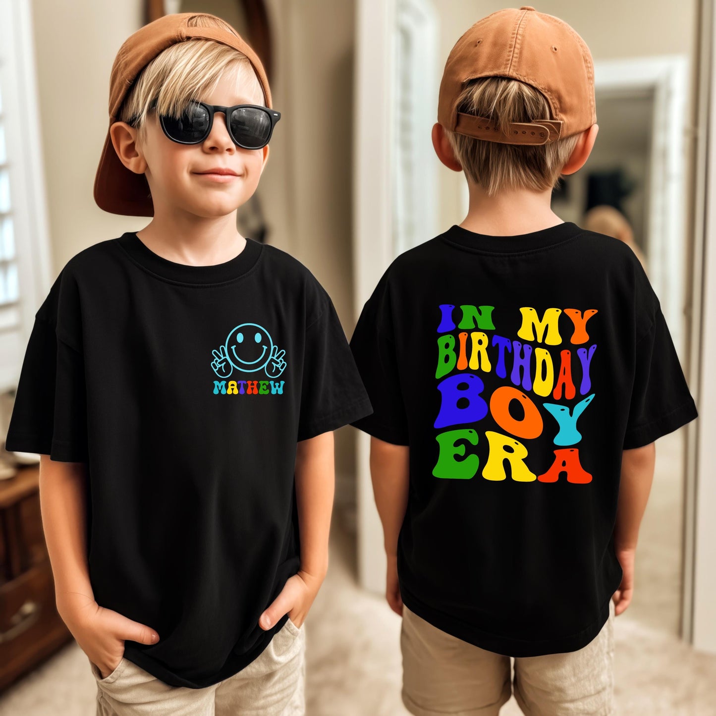 Custom Birthday Boy Shirt – Personalized Retro Birthday Era Tee – Kids Birthday Tee – Smiley Face Birthday Shirt – Boys Birthday T-Shirt