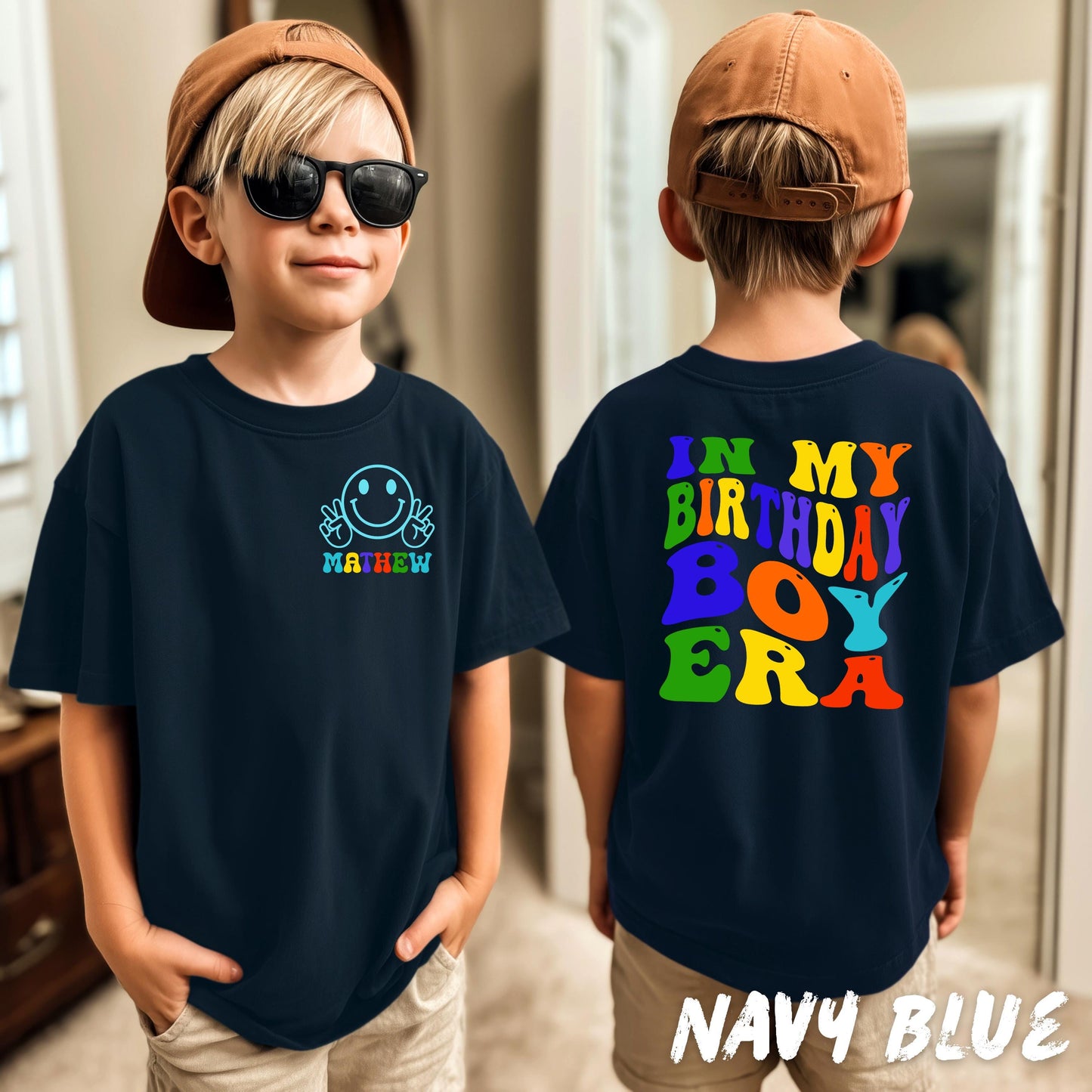 Custom Birthday Boy Shirt – Personalized Retro Birthday Era Tee – Kids Birthday Tee – Smiley Face Birthday Shirt – Boys Birthday T-Shirt
