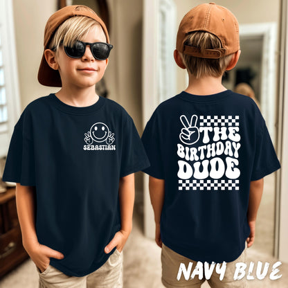 Custom Birthday Shirt for Kids | Personalized Birthday Dude T-Shirt | Retro Smiley Face Birthday Tee with Name & Age | Birthday Boy Gift