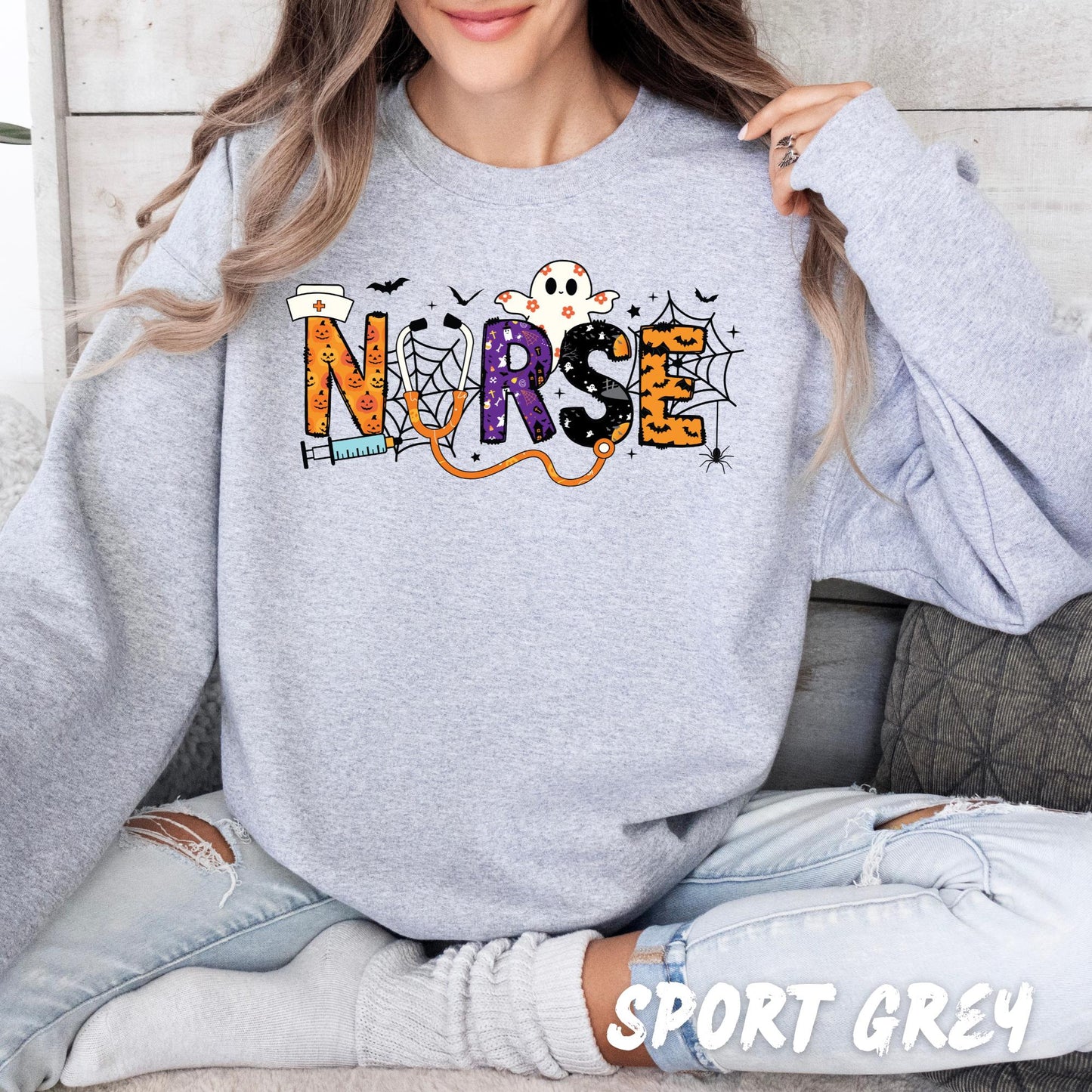 Halloween Nurse Sweatshirt | Spooky Crewneck Ghost Bat Spider Web Pumpkin Fall Nurse Gift | Halloween Nurse Shirt