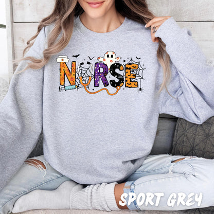 Halloween Nurse Sweatshirt | Spooky Crewneck Ghost Bat Spider Web Pumpkin Fall Nurse Gift | Halloween Nurse Shirt