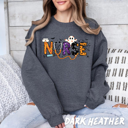 Halloween Nurse Sweatshirt | Spooky Crewneck Ghost Bat Spider Web Pumpkin Fall Nurse Gift | Halloween Nurse Shirt
