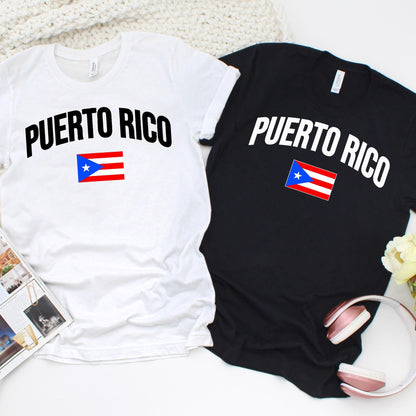 Unisex Puerto Rico t-shirts in black and white with bold PUERTO RICO text and Puerto Rican flag graphic. Short sleeve casual tee for men and women, perfect for Boricua pride, heritage, and cultural celebrations.