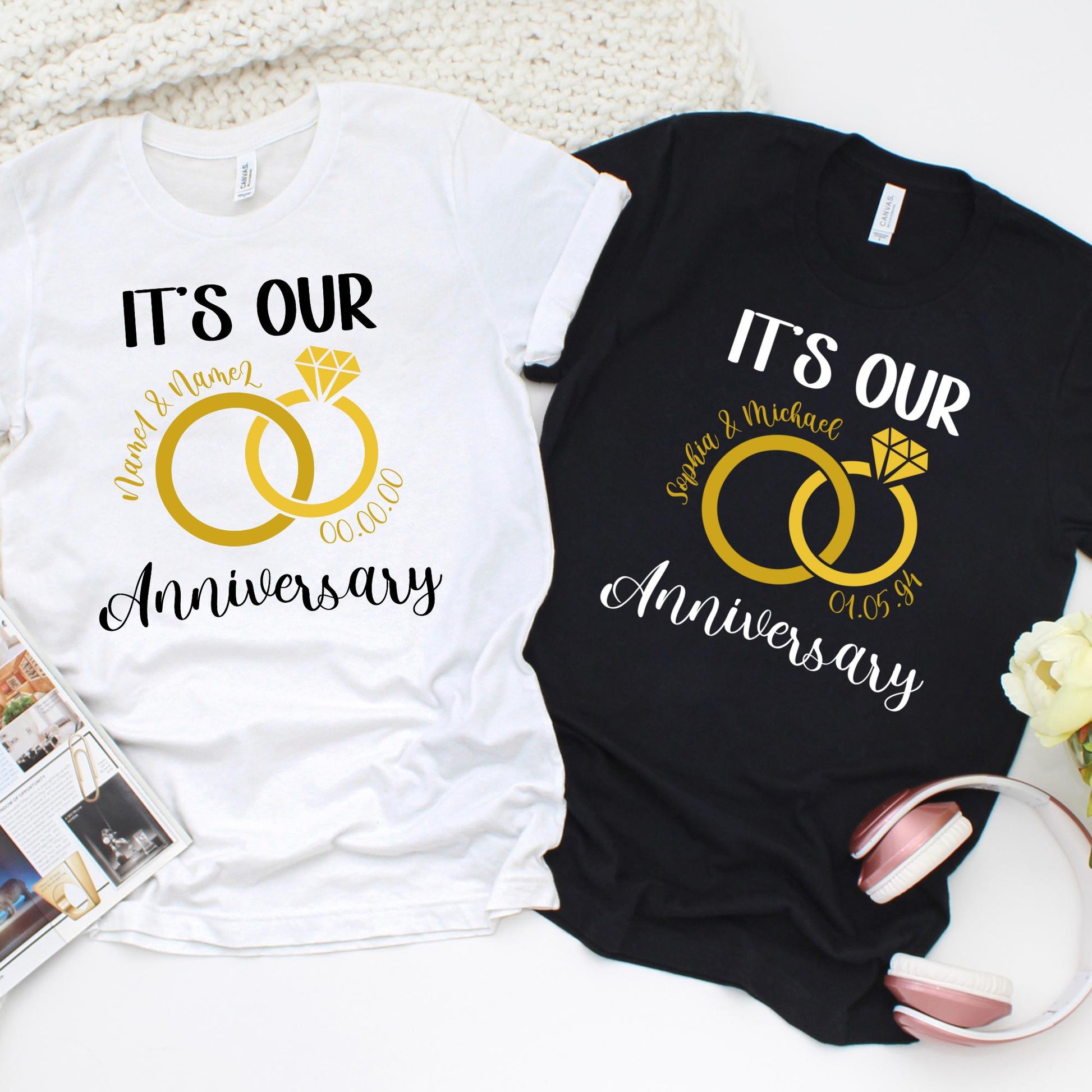 Custom anniversary shirt with gold wedding rings design and personalized names.

Personalized couples anniversary t-shirt with rings and custom date.

Wedding anniversary shirt with gold rings, names, and special date.

Custom couple gift shirt, “It’s Our Anniversary” with rings and names.

Personalized anniversary tee with diamond ring graphic and custom details.