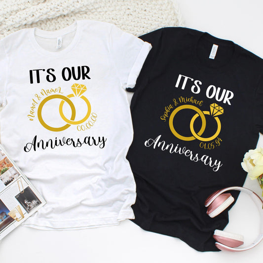 Custom anniversary shirt with gold wedding rings design and personalized names.

Personalized couples anniversary t-shirt with rings and custom date.

Wedding anniversary shirt with gold rings, names, and special date.

Custom couple gift shirt, “It’s Our Anniversary” with rings and names.

Personalized anniversary tee with diamond ring graphic and custom details.