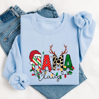 Custom Mama Claus Sweatshirt with Kids Names - Personalized Christmas Sweater for Mom - Holiday Mommy Leopard & Reindeer Design