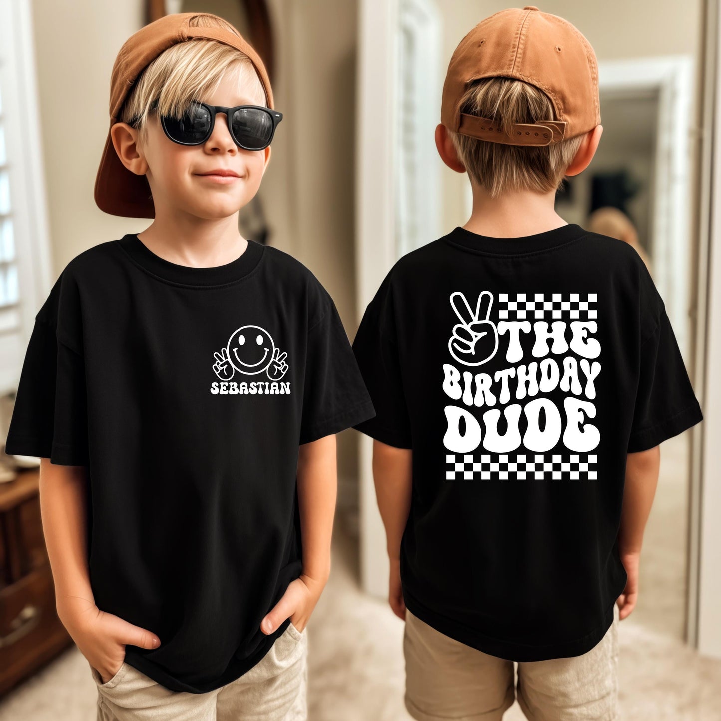 Custom Birthday Shirt for Kids | Personalized Birthday Dude T-Shirt | Retro Smiley Face Birthday Tee with Name & Age | Birthday Boy Gift
