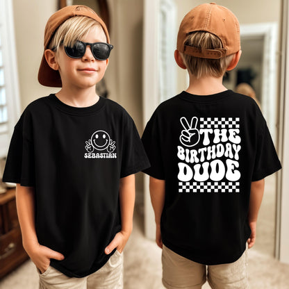 Custom Birthday Shirt for Kids | Personalized Birthday Dude T-Shirt | Retro Smiley Face Birthday Tee with Name & Age | Birthday Boy Gift