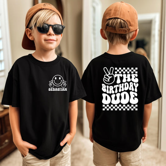 Custom Birthday Shirt for Kids | Personalized Birthday Dude T-Shirt | Retro Smiley Face Birthday Tee with Name & Age | Birthday Boy Gift