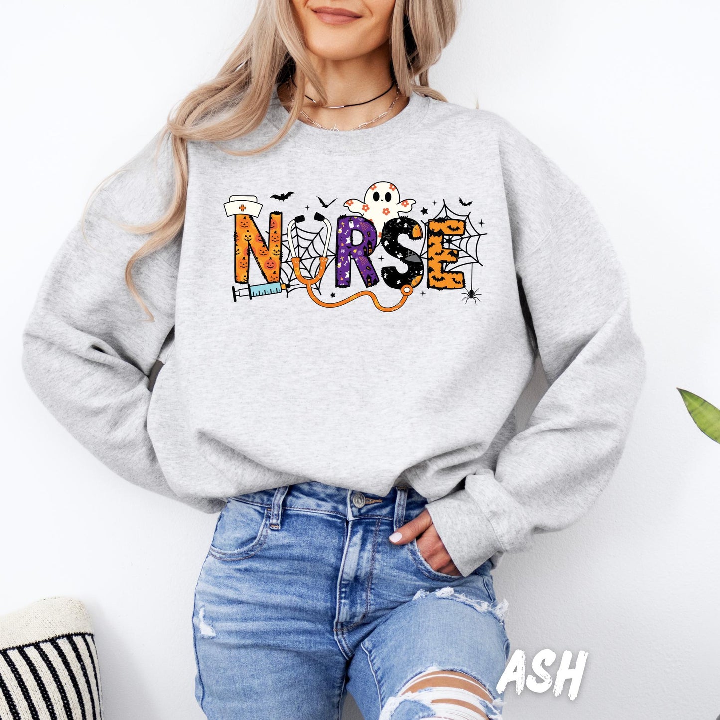 Halloween Nurse Sweatshirt | Spooky Crewneck Ghost Bat Spider Web Pumpkin Fall Nurse Gift | Halloween Nurse Shirt