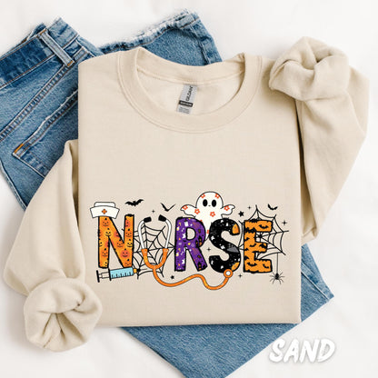 Halloween nurse sweatshirt with spooky graphic letters, ghost, spider webs, bats, and medical symbols – unisex crewneck pullover for nurses