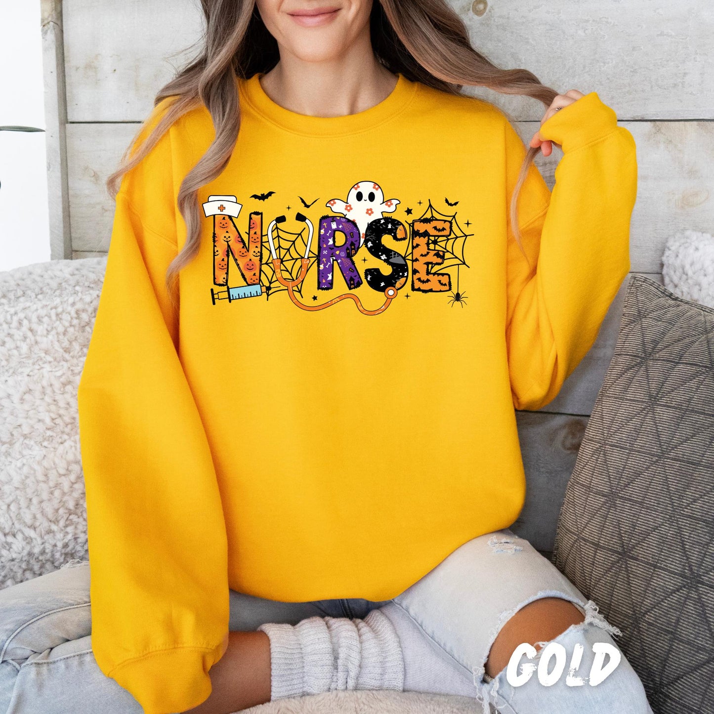 Halloween Nurse Sweatshirt | Spooky Crewneck Ghost Bat Spider Web Pumpkin Fall Nurse Gift | Halloween Nurse Shirt