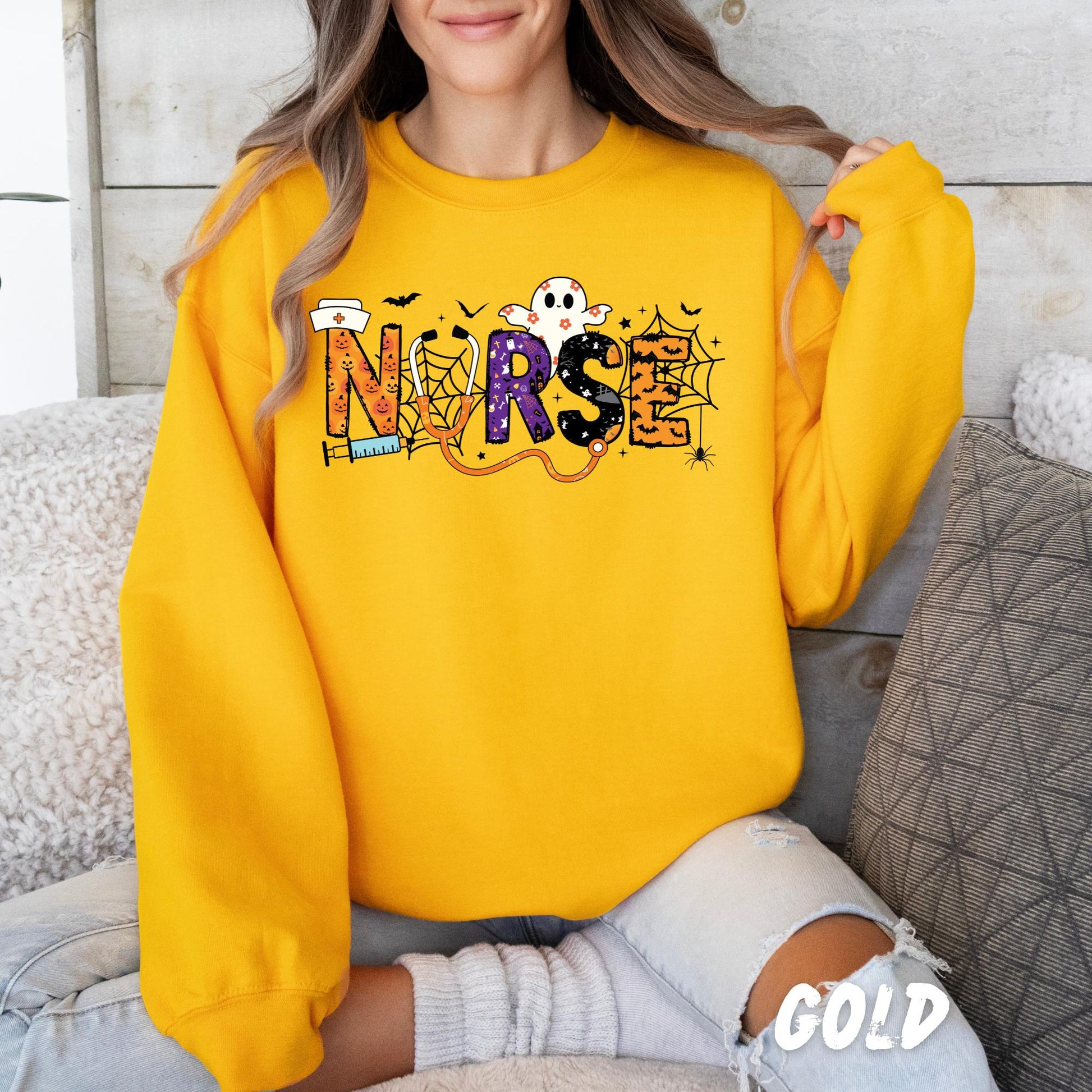 Halloween Nurse Sweatshirt | Spooky Crewneck Ghost Bat Spider Web Pumpkin Fall Nurse Gift | Halloween Nurse Shirt
