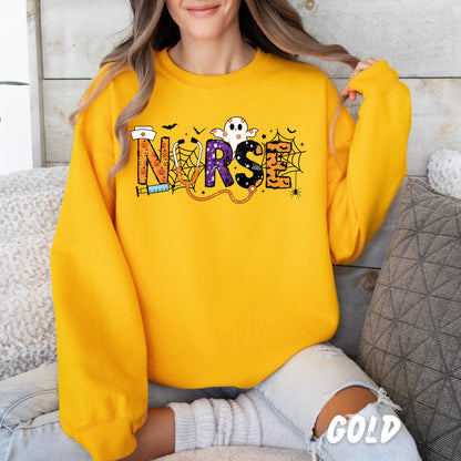 Halloween Nurse Sweatshirt | Spooky Crewneck Ghost Bat Spider Web Pumpkin Fall Nurse Gift | Halloween Nurse Shirt