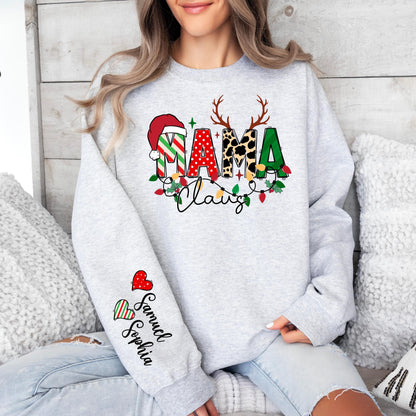 Custom Mama Claus Sweatshirt with Kids Names - Personalized Christmas Sweater for Mom - Holiday Mommy Leopard & Reindeer Design