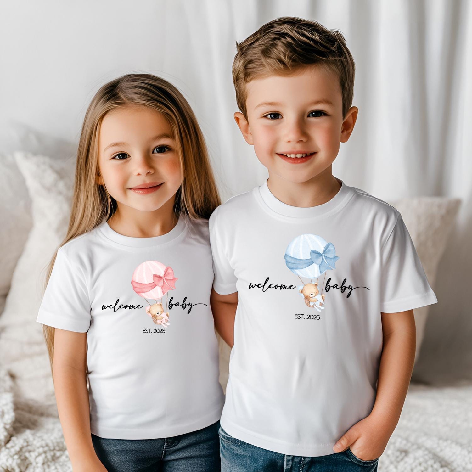 Matching family shirts with ‘Welcome Baby’ design featuring a teddy bear in a pink hot air balloon, perfect for celebrating a newborn arrival or baby shower. Available in all sizes for mom, dad, and baby.