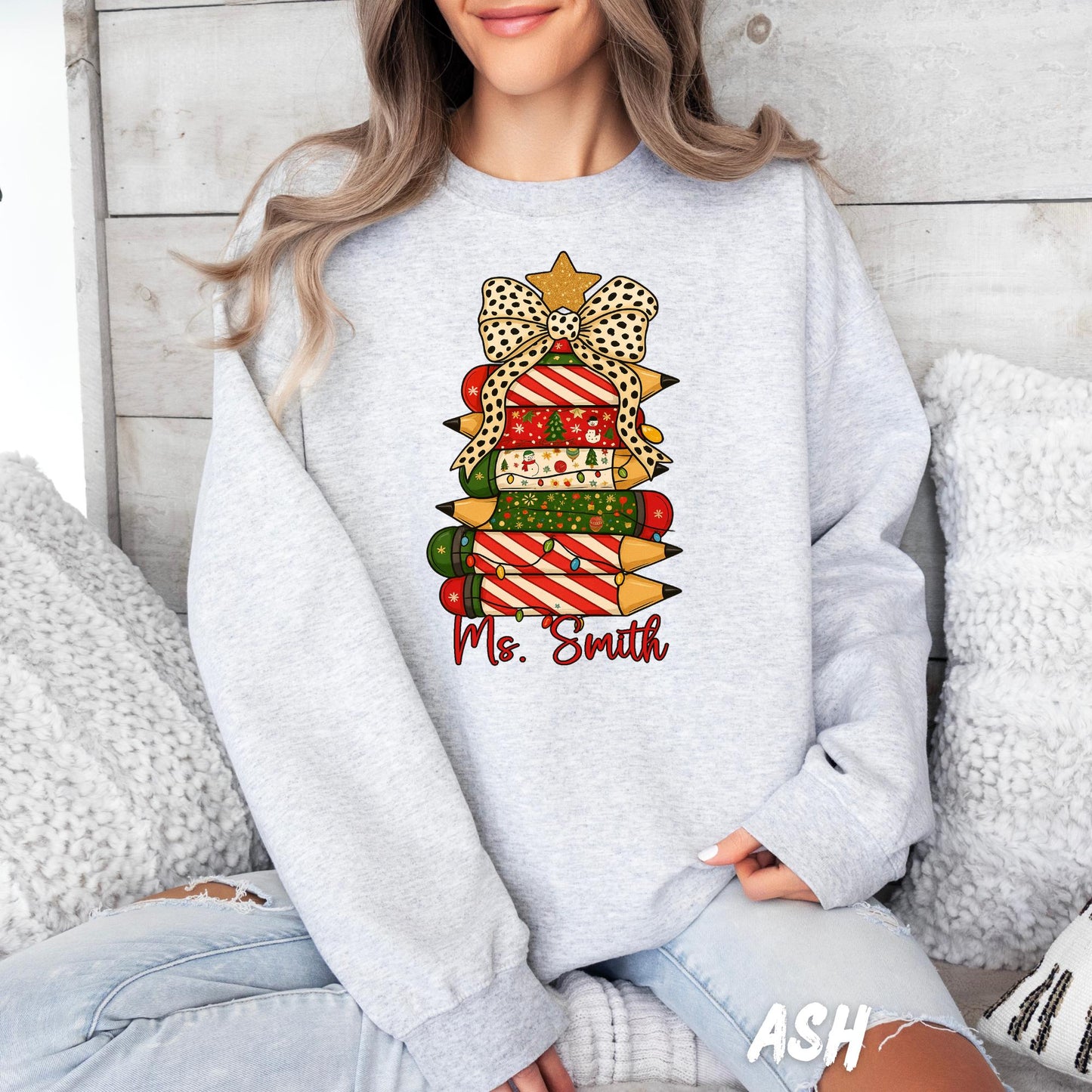 Christmas Teacher Sweatshirt – Personalized Pencil Tree Crewneck - Custom Name Holiday Sweater for Teachers - Holiday Teacher Gift