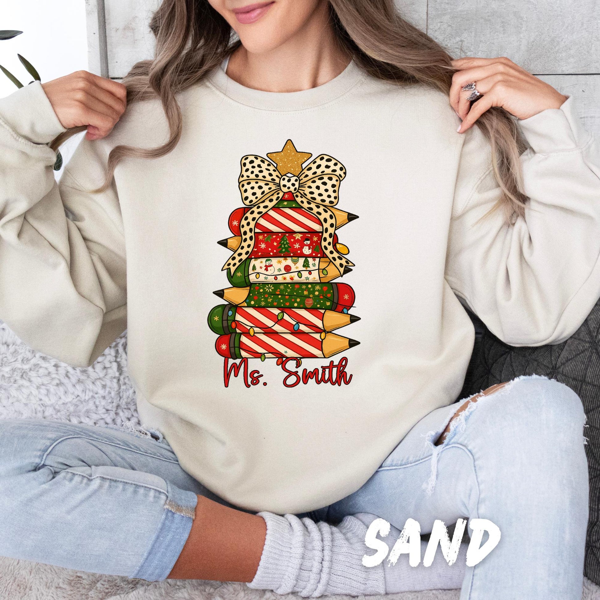 Christmas Teacher Sweatshirt – Personalized Pencil Tree Crewneck - Custom Name Holiday Sweater for Teachers - Holiday Teacher Gift