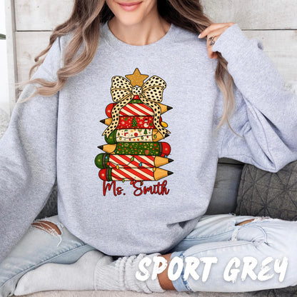 Christmas Teacher Sweatshirt – Personalized Pencil Tree Crewneck - Custom Name Holiday Sweater for Teachers - Holiday Teacher Gift
