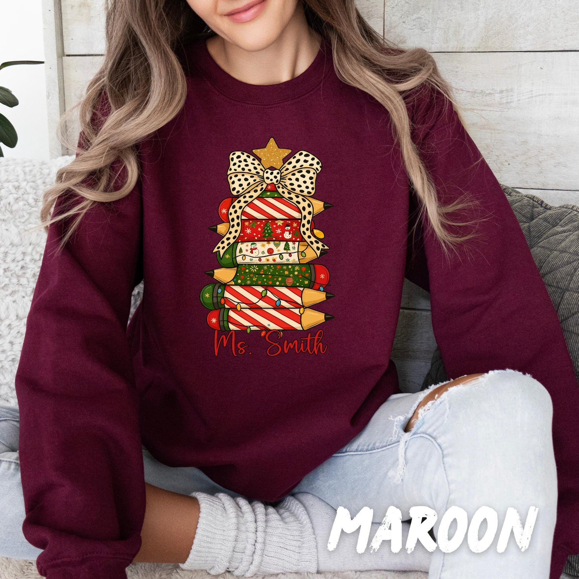 Christmas Teacher Sweatshirt – Personalized Pencil Tree Crewneck - Custom Name Holiday Sweater for Teachers - Holiday Teacher Gift
