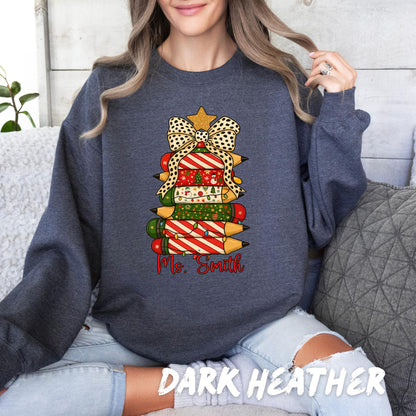 Christmas Teacher Sweatshirt – Personalized Pencil Tree Crewneck - Custom Name Holiday Sweater for Teachers - Holiday Teacher Gift