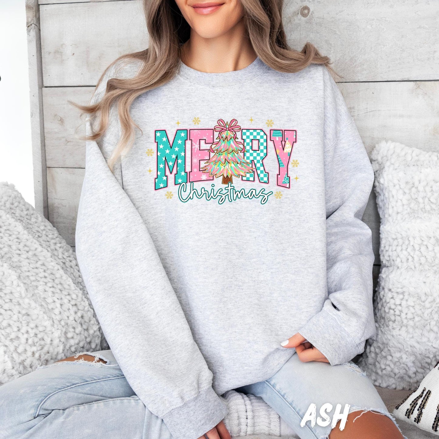 Merry Christmas Sweatshirt – Cute Holiday Sweater for Women & Kids | Retro Christmas Tree Design | Holiday Christmas Crewneck