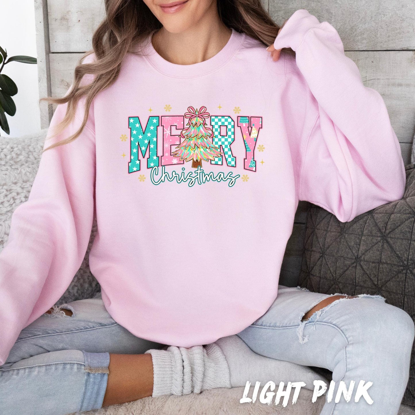 Merry Christmas Sweatshirt – Cute Holiday Sweater for Women & Kids | Retro Christmas Tree Design | Holiday Christmas Crewneck