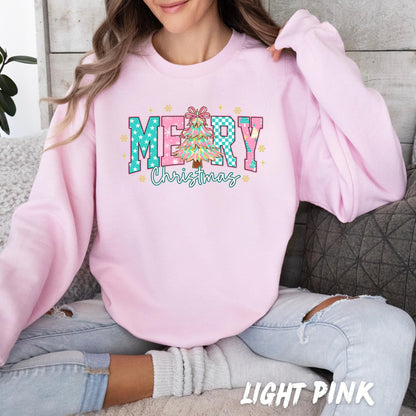 Merry Christmas Sweatshirt – Cute Holiday Sweater for Women & Kids | Retro Christmas Tree Design | Holiday Christmas Crewneck