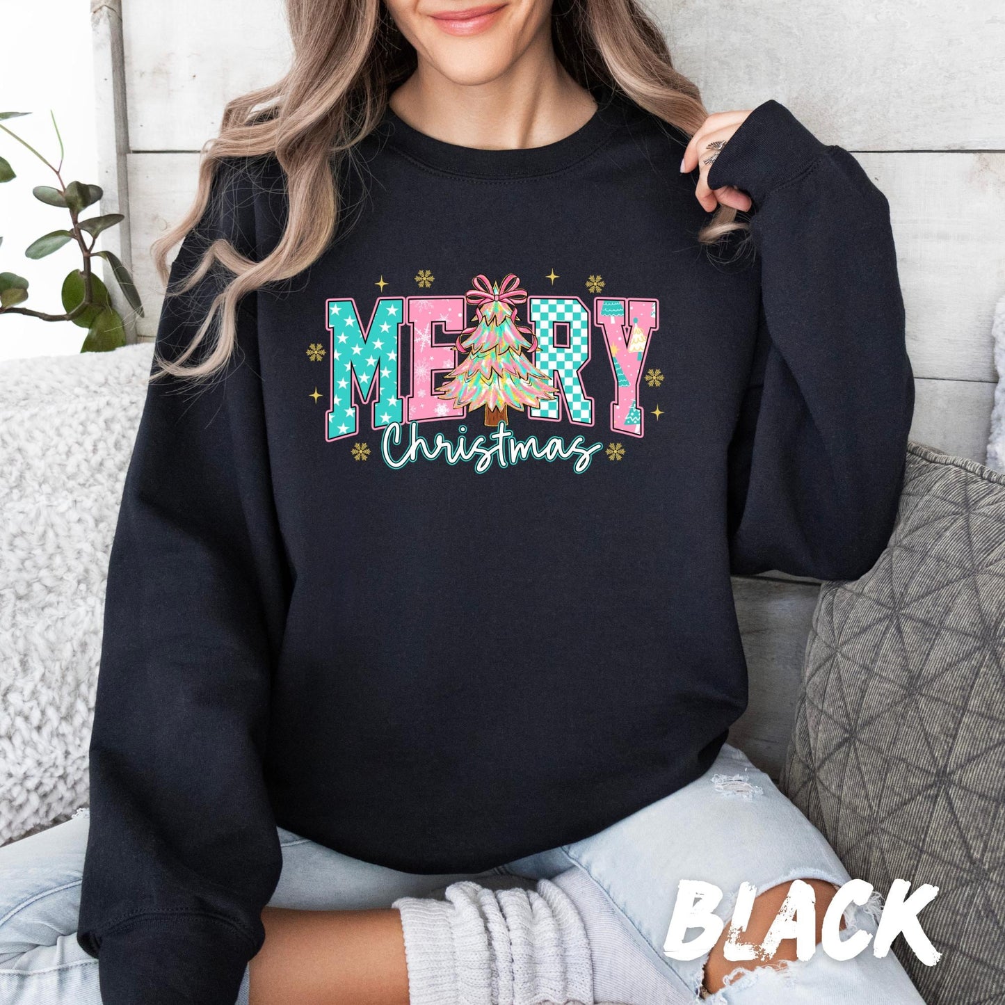 Merry Christmas Sweatshirt – Cute Holiday Sweater for Women & Kids | Retro Christmas Tree Design | Holiday Christmas Crewneck