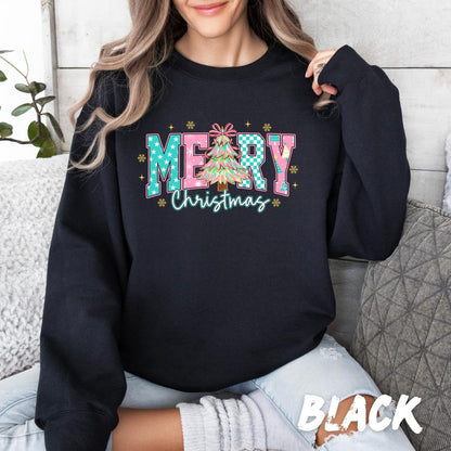 Merry Christmas Sweatshirt – Cute Holiday Sweater for Women & Kids | Retro Christmas Tree Design | Holiday Christmas Crewneck