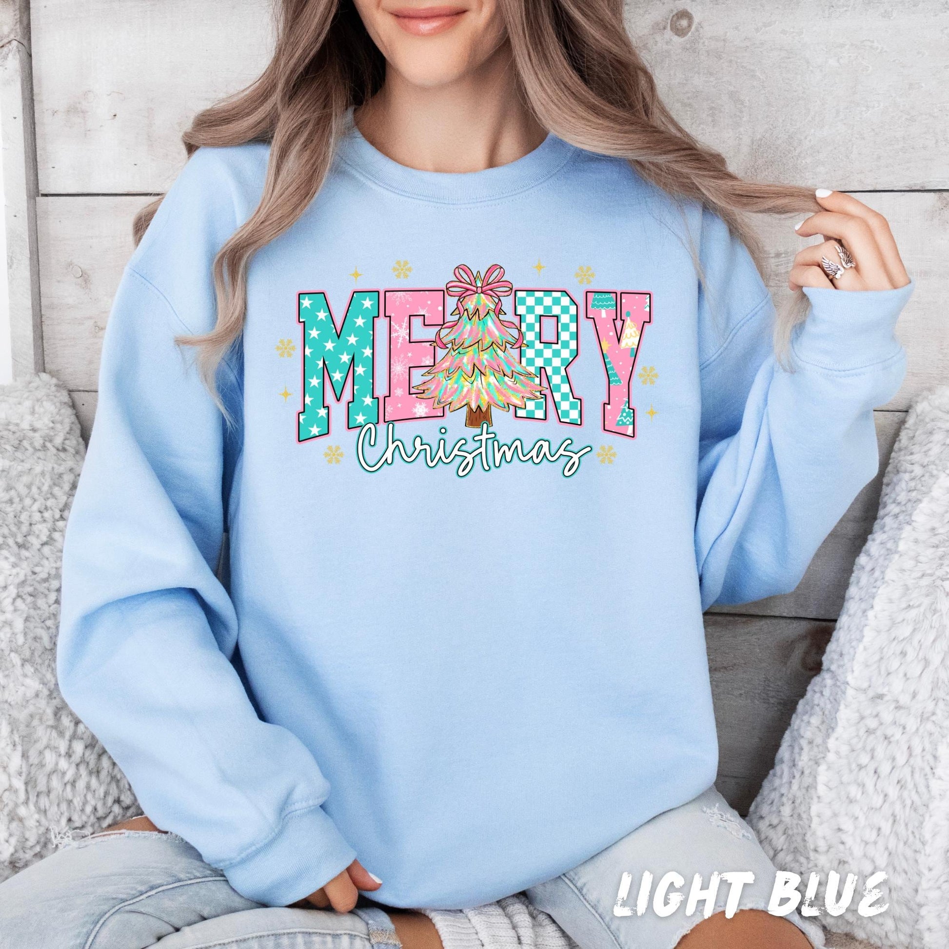 Merry Christmas Sweatshirt – Cute Holiday Sweater for Women & Kids | Retro Christmas Tree Design | Holiday Christmas Crewneck
