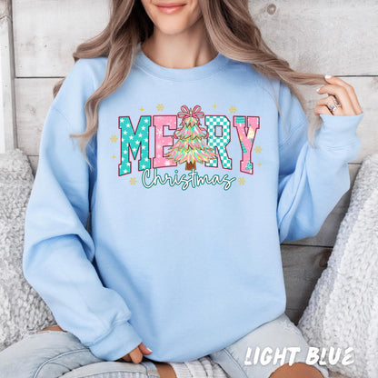 Merry Christmas Sweatshirt – Cute Holiday Sweater for Women & Kids | Retro Christmas Tree Design | Holiday Christmas Crewneck