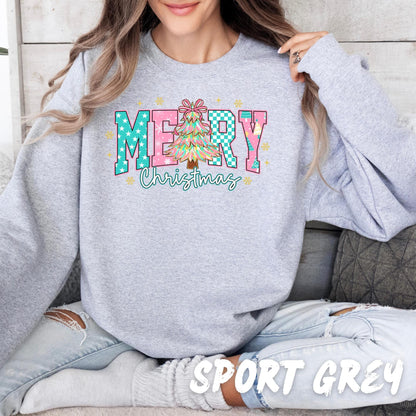 Merry Christmas Sweatshirt – Cute Holiday Sweater for Women & Kids | Retro Christmas Tree Design | Holiday Christmas Crewneck