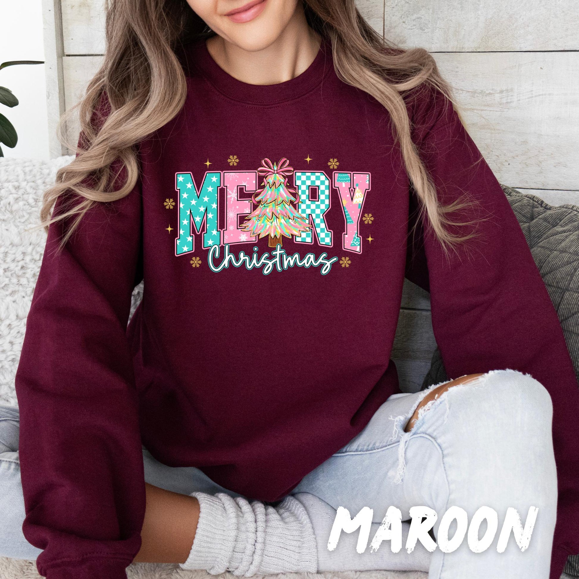 Merry Christmas Sweatshirt – Cute Holiday Sweater for Women & Kids | Retro Christmas Tree Design | Holiday Christmas Crewneck