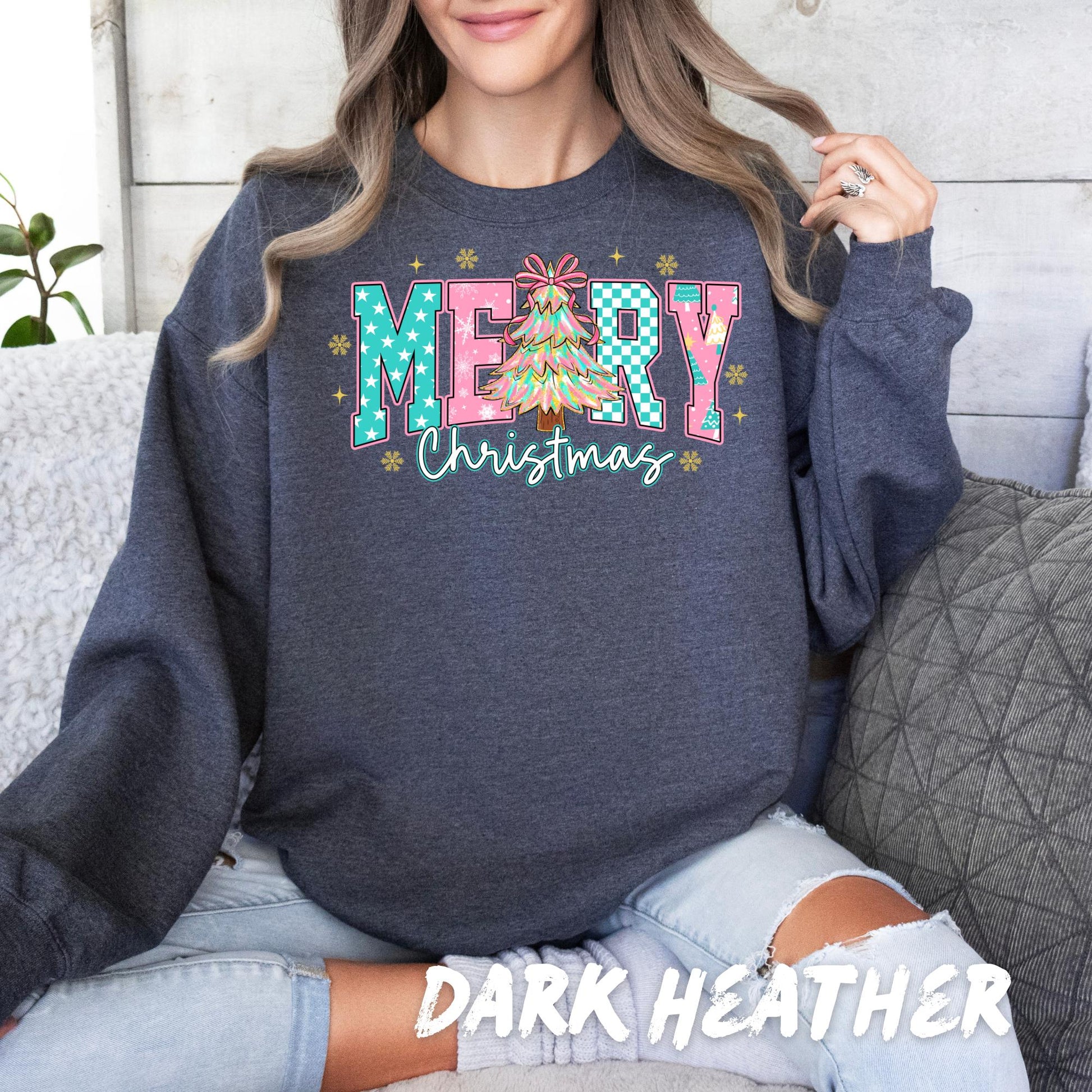 Merry Christmas Sweatshirt – Cute Holiday Sweater for Women & Kids | Retro Christmas Tree Design | Holiday Christmas Crewneck