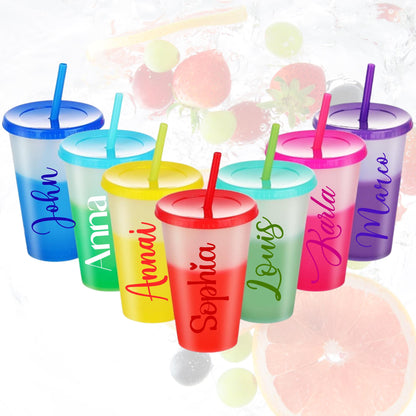 16oz personalized color-changing cup with blue lid and straw, featuring the name ‘Michael’ in custom font. The cup shows a vibrant blue color after adding cold drink, styled with lemons and blueberries for a fresh aesthetic. Custom name, font, and color options available