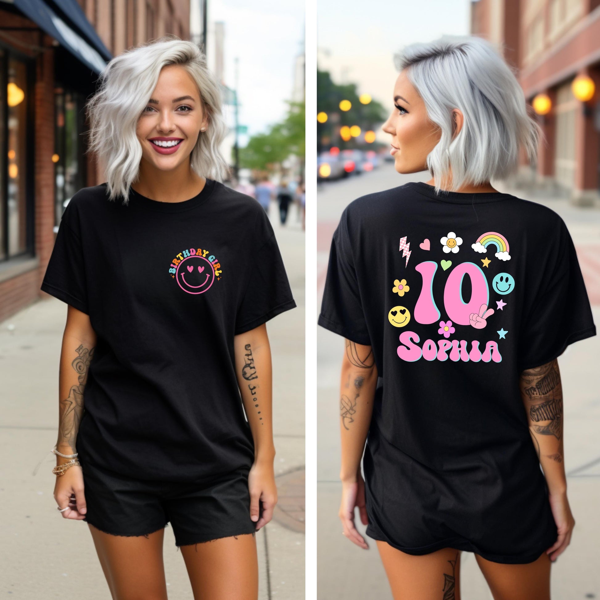 Personalized Birthday Girl Shirt – Custom Name and Age Retro Smiley - Kids Groovy Birthday T-Shirt