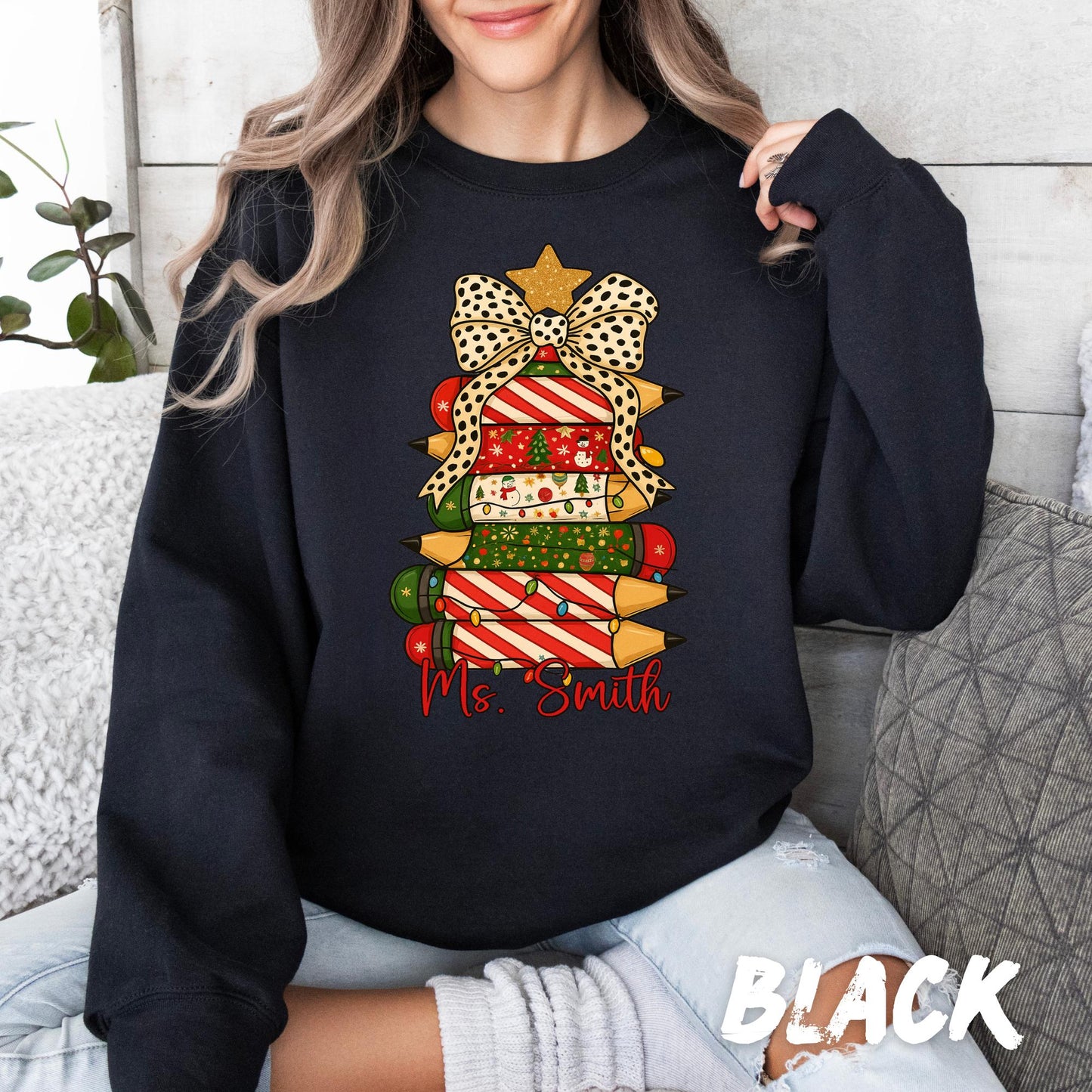 Christmas Teacher Sweatshirt – Personalized Pencil Tree Crewneck - Custom Name Holiday Sweater for Teachers - Holiday Teacher Gift