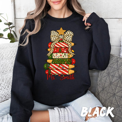Christmas Teacher Sweatshirt – Personalized Pencil Tree Crewneck - Custom Name Holiday Sweater for Teachers - Holiday Teacher Gift