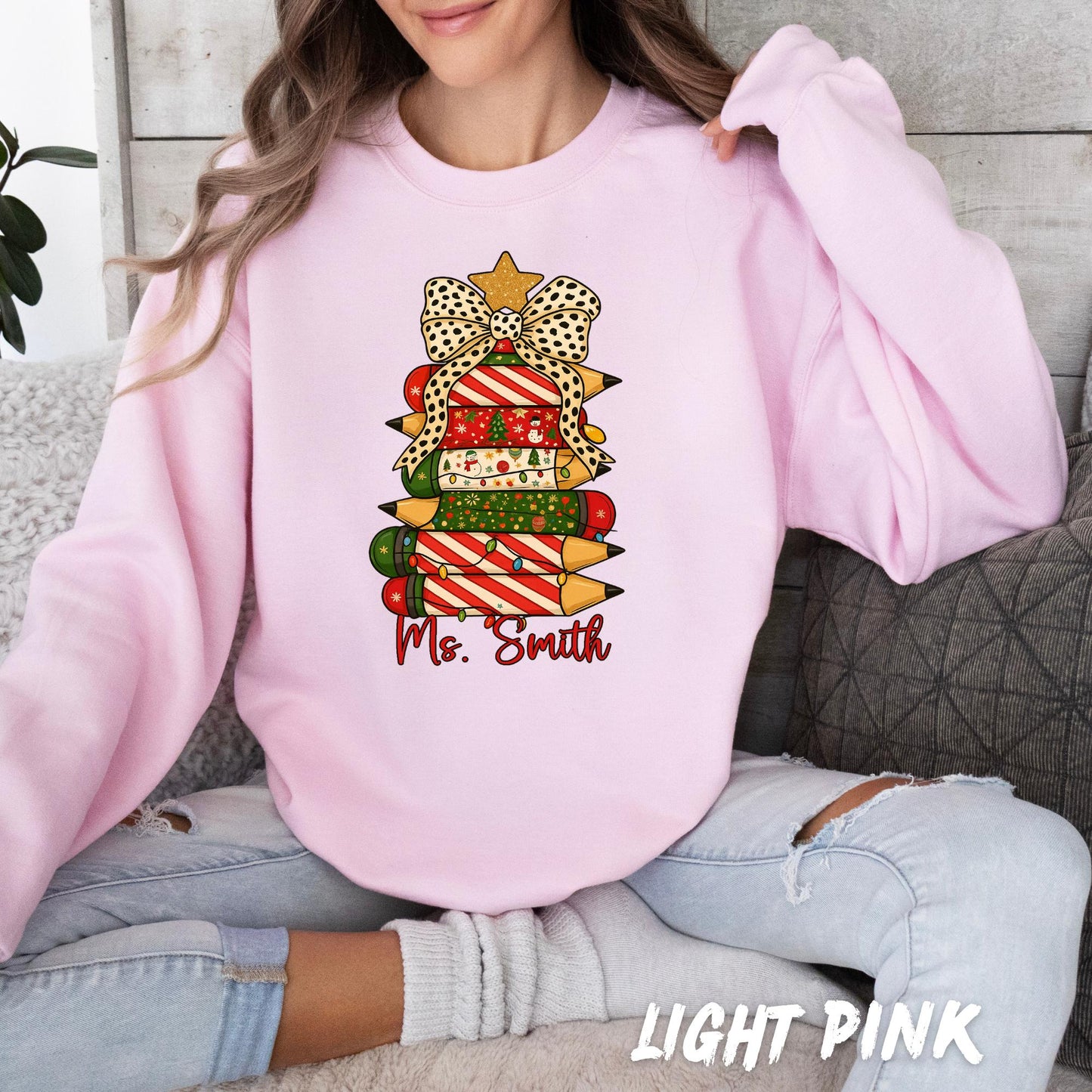 Christmas Teacher Sweatshirt – Personalized Pencil Tree Crewneck - Custom Name Holiday Sweater for Teachers - Holiday Teacher Gift