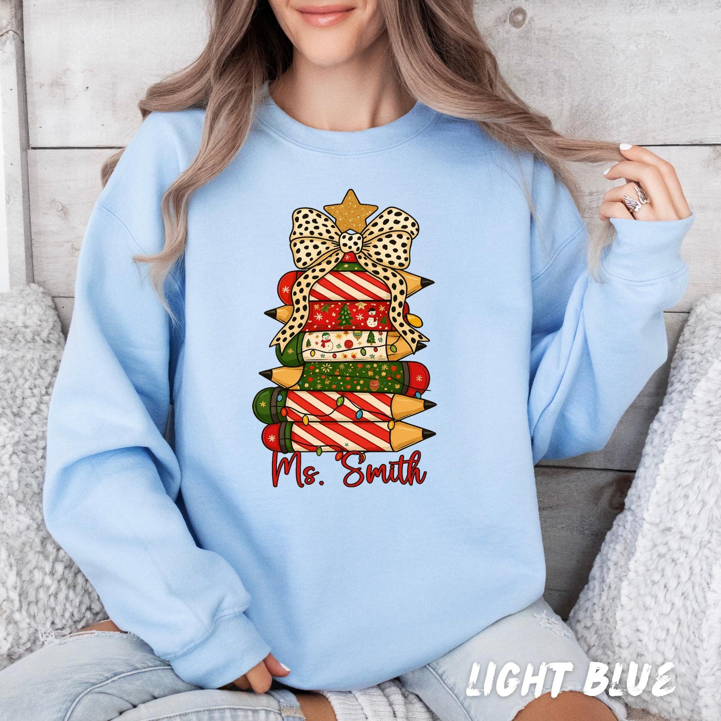 Christmas Teacher Sweatshirt – Personalized Pencil Tree Crewneck - Custom Name Holiday Sweater for Teachers - Holiday Teacher Gift