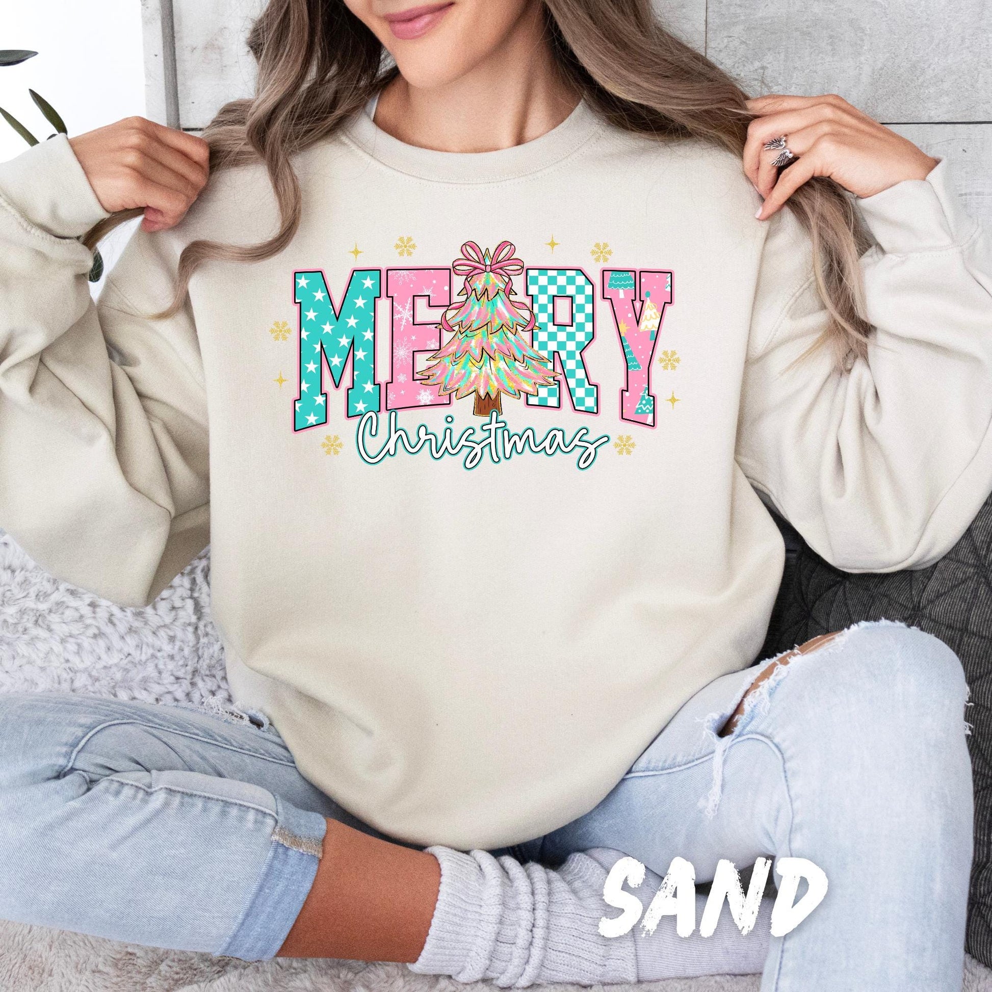 Merry Christmas Sweatshirt – Cute Holiday Sweater for Women & Kids | Retro Christmas Tree Design | Holiday Christmas Crewneck
