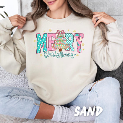 Merry Christmas Sweatshirt – Cute Holiday Sweater for Women & Kids | Retro Christmas Tree Design | Holiday Christmas Crewneck