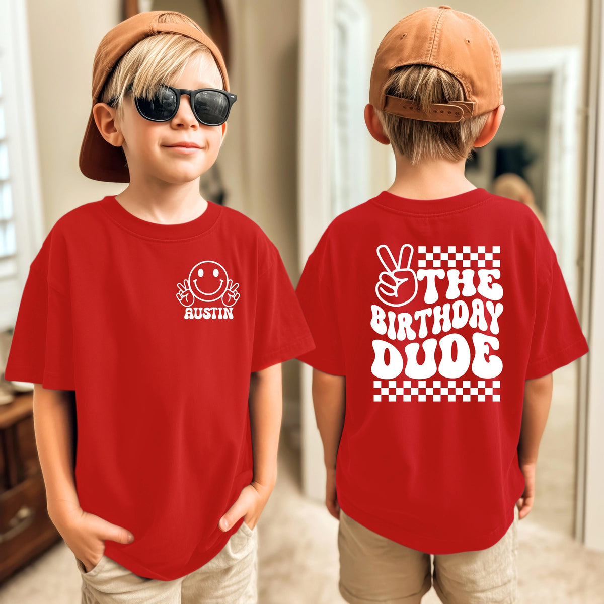 Custom Birthday Shirt for Kids | Personalized Birthday Dude T-Shirt | Retro Smiley Face Birthday Tee with Name & Age | Birthday Boy Gift