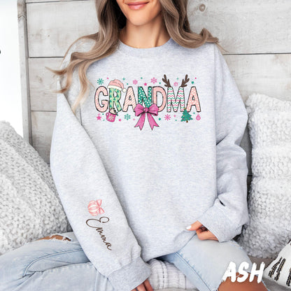 Grandma Christmas Sweatshirt • Personalized Name Sleeve • Cute Holiday Grandma Gift Sweater