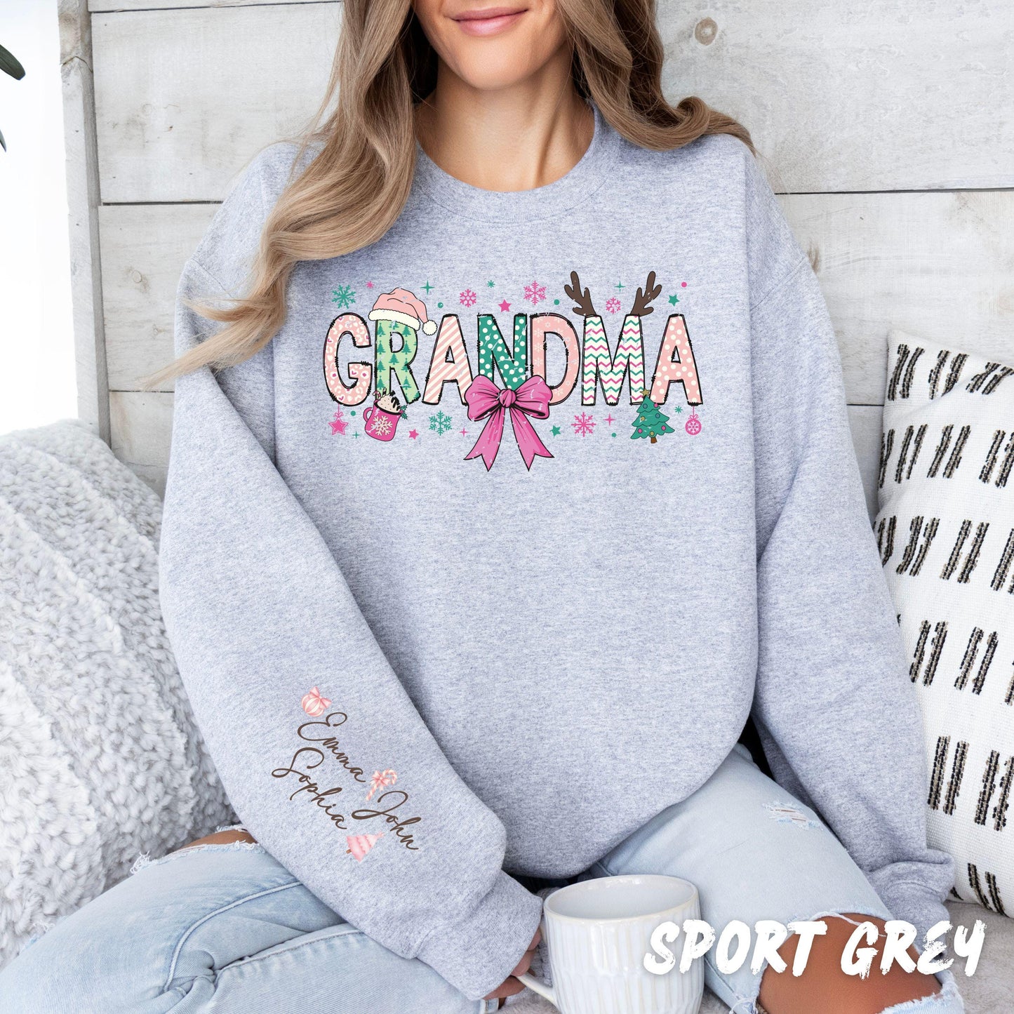 Grandma Christmas Sweatshirt • Personalized Name Sleeve • Cute Holiday Grandma Gift Sweater